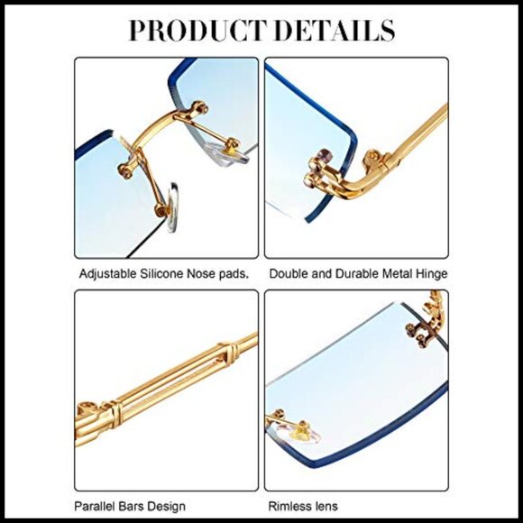 Vintage Rimless Rectangle Sunglasses Gold Metal Frameless Retro Chic Eyewear